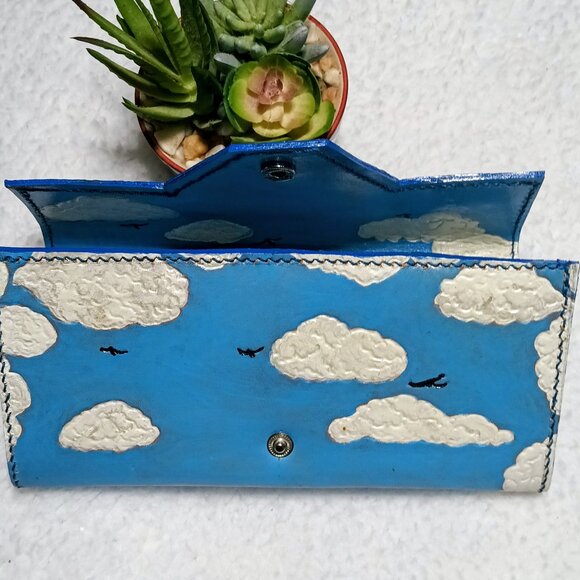 Hand Painted "Clouds&Birds In The Sky" Long Wallet Blue/White/Black - Picture 12 of 12